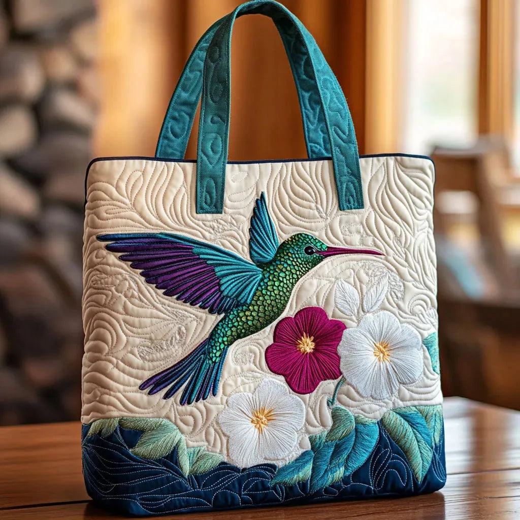 Borsa in Tela Ricamata - Colibrì e Fiore Bianco