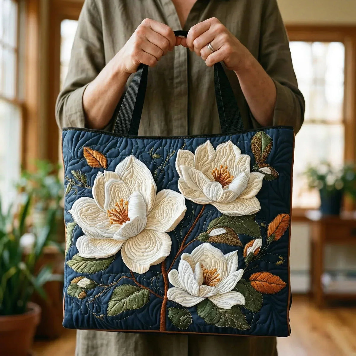 Borsa in Tessuto Steppelt con Stampa di Magnolia