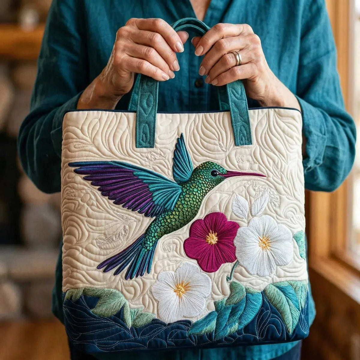 Borsa in Tela Ricamata - Colibrì e Fiore Bianco